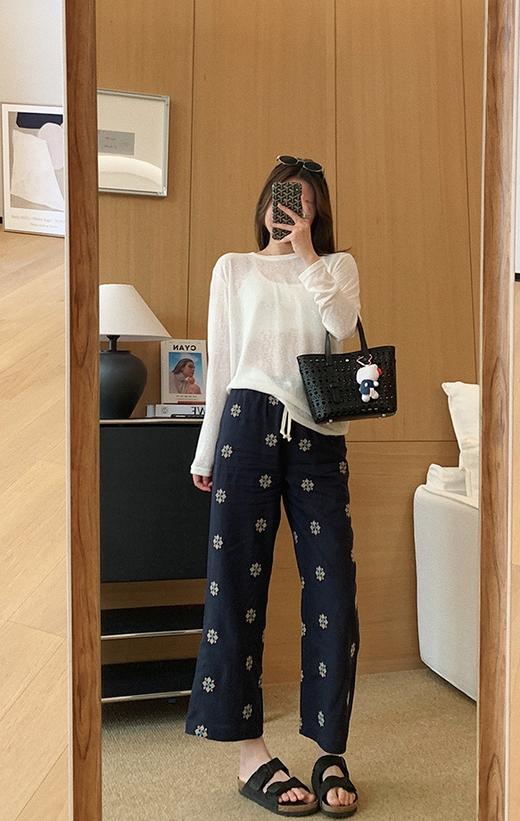 小众特定织天丝棉麻绣花九分裤夏季直筒休闲裤 商品图9