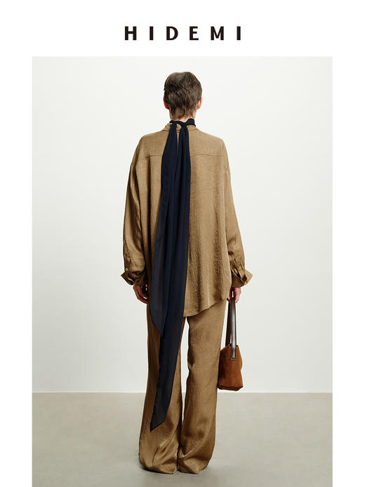 HIDEMI 进口满分醋酸艺术褶皱感立体口袋廓形衬衫阔腿裤橄榄绿套装 商品图8