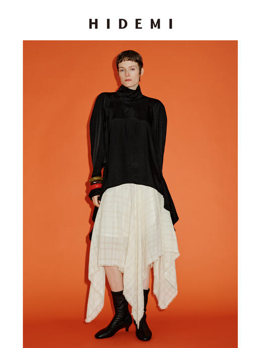 HIDEMI 进口百分醋酸黑色极简廓形袖可立领飘带下摆设计感前后两穿衬衫 商品图2