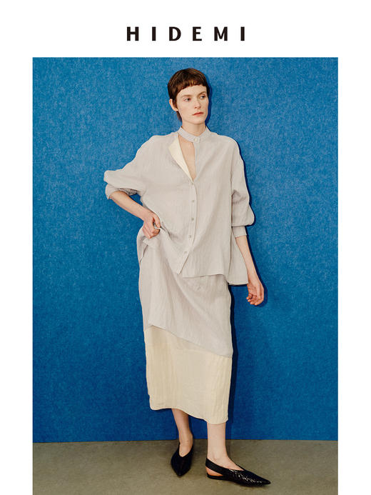 HIDEMI 进口天丝极简镂空翻折领设计感chocker纽扣温柔撞色雾粉紫套装 商品图6