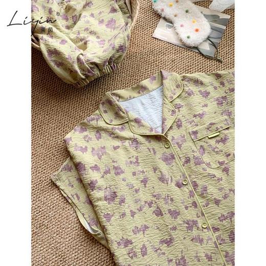 可人儿小众设计师新款泡泡绵女士睡衣夏季短袖可外出家居服三件套 商品图3