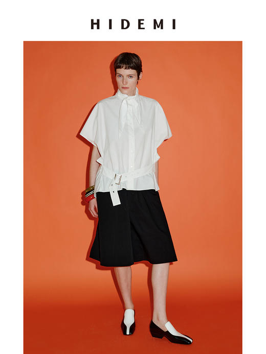 HIDEMI绑带剪刀领设计感大廓形腰带式短袖衬衫上衣 商品图1