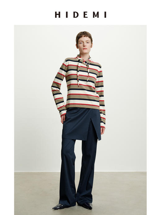 HIDEMI 趣味撞色条纹自然色织纯棉分体领巾设计感两件套长袖T 商品图6