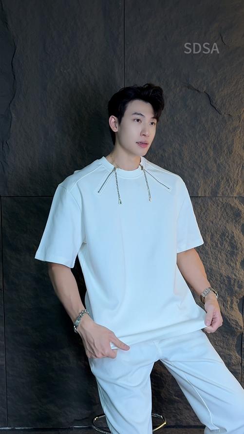 T555春夏男士短袖欧美潮牌小众设计感侧拉链重磅休闲圆领半袖上衣 商品图0