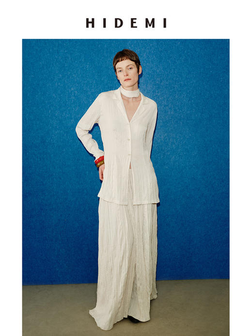 HIDEMI 进口可再生纤维冰川灰压褶纸片人西装领衬衫半裙套装 商品图1
