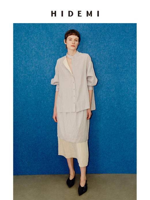 HIDEMI 进口天丝极简镂空翻折领设计感chocker纽扣温柔撞色雾粉紫套装 商品图4