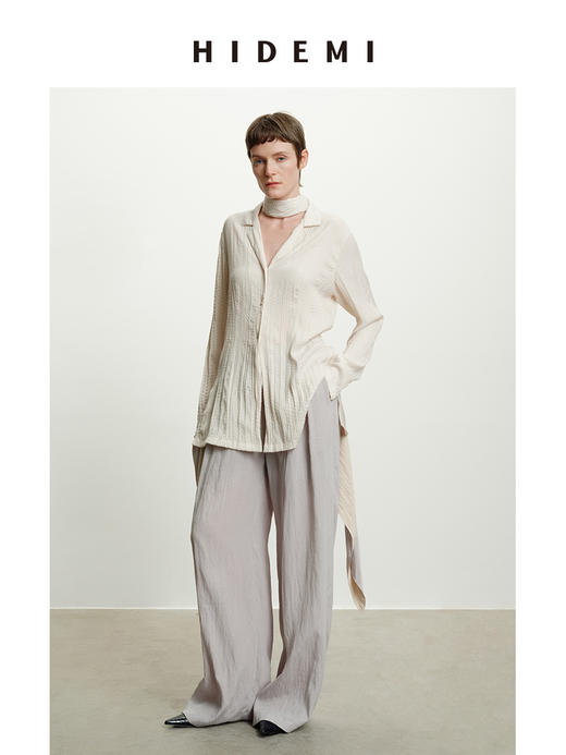 HIDEMI 进口可再生纤维冰川灰压褶纸片人西装领衬衫半裙套装 商品图6