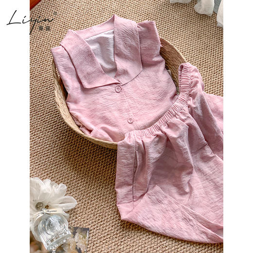 可人儿小众设计师新款泡泡绵女士睡衣夏季短袖可外出家居服三件套 商品图3