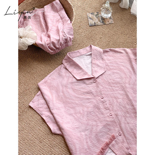 可人儿小众设计师新款泡泡绵女士睡衣夏季短袖可外出家居服三件套 商品图1