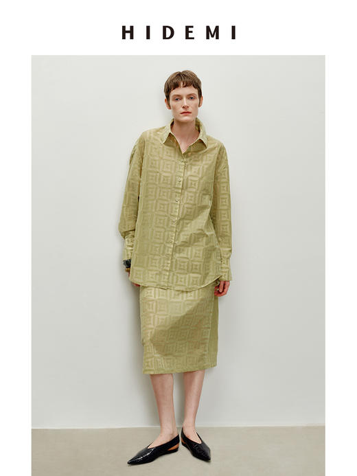 HIDEMI经典几何印花植绒复古剪刀领宽松衬衫半裙套装 牛油果绿/奶咖棕 商品图8