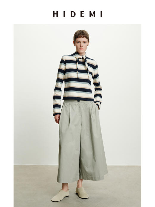 HIDEMI 趣味撞色条纹自然色织纯棉分体领巾设计感两件套长袖T 商品图10