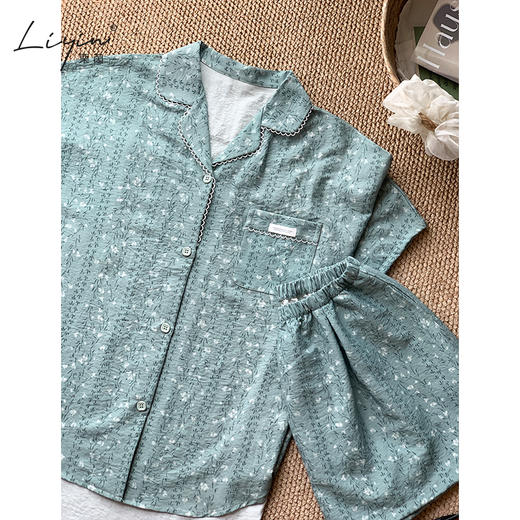 可人儿小众设计师新款泡泡绵女士睡衣夏季短袖可外出家居服三件套 商品图1