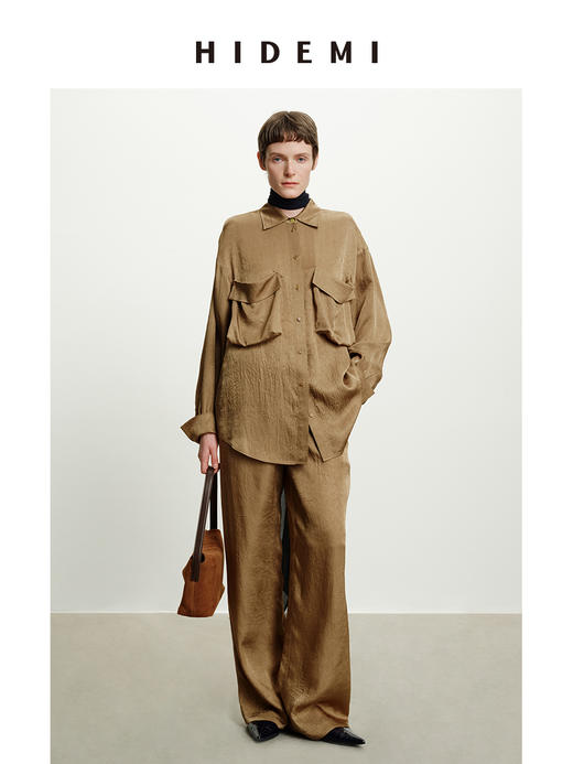 HIDEMI 进口满分醋酸艺术褶皱感立体口袋廓形衬衫阔腿裤橄榄绿套装 商品图3