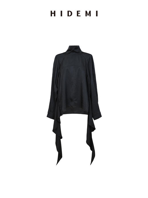 HIDEMI 进口百分醋酸黑色极简廓形袖可立领飘带下摆设计感前后两穿衬衫 商品图9