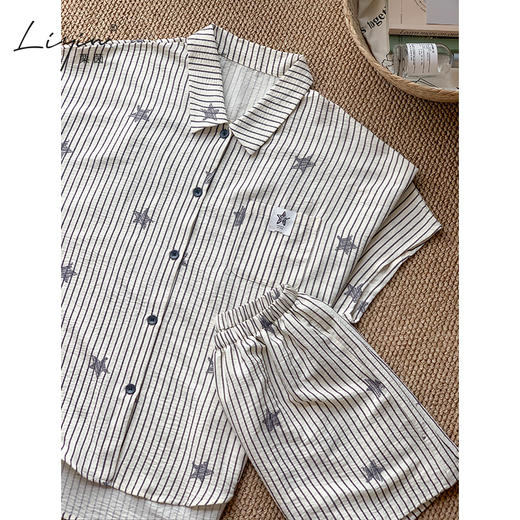 可人儿小众设计师新款泡泡绵女士睡衣夏季短袖可外出家居服三件套 商品图2