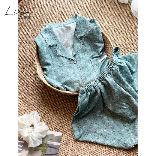 可人儿小众设计师新款泡泡绵女士睡衣夏季短袖可外出家居服三件套 商品图3