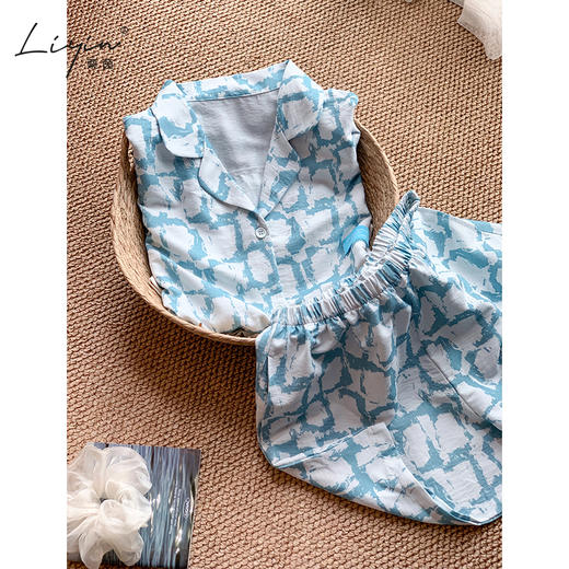 可人儿小众设计师新款泡泡绵女士睡衣夏季短袖可外出家居服三件套 商品图3