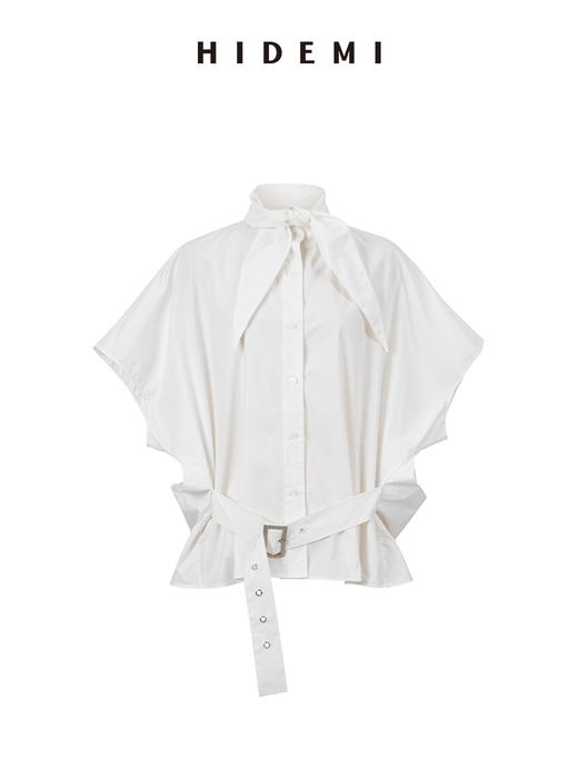 HIDEMI绑带剪刀领设计感大廓形腰带式短袖衬衫上衣 商品图4