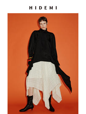 HIDEMI 进口百分醋酸黑色极简廓形袖可立领飘带下摆设计感前后两穿衬衫