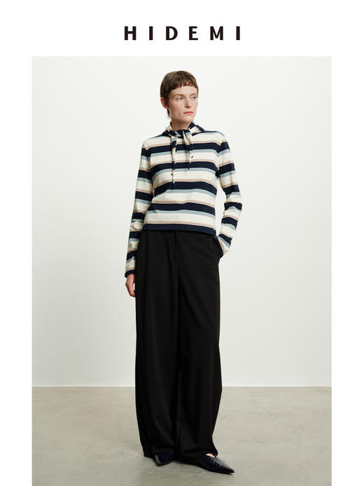 HIDEMI 趣味撞色条纹自然色织纯棉分体领巾设计感两件套长袖T 商品图9