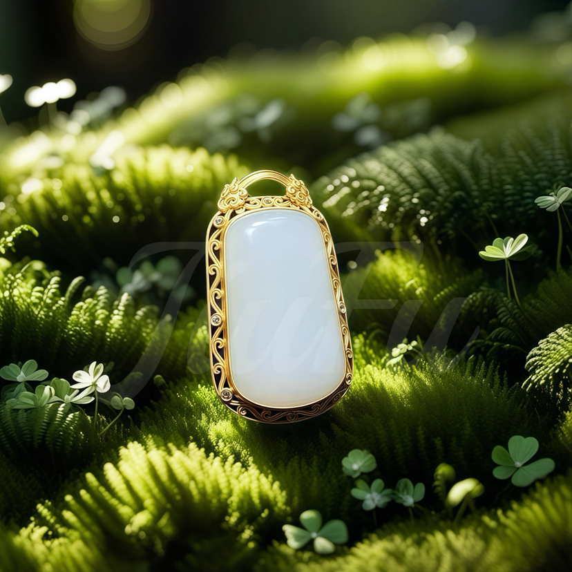 18K古法黄金包镶和田玉（白玉）吊坠--无事牌/方牌18*30mm