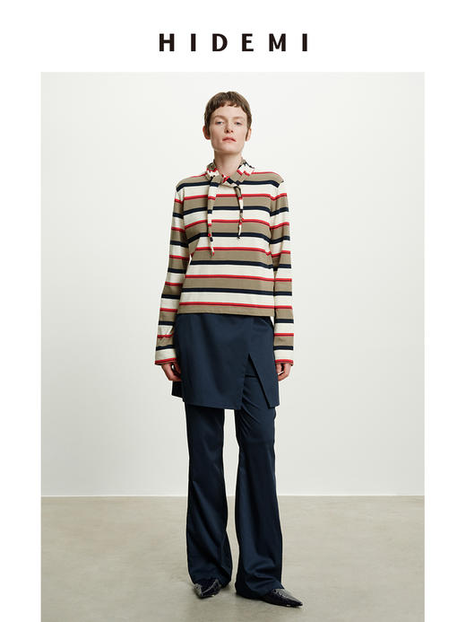 HIDEMI 趣味撞色条纹自然色织纯棉分体领巾设计感两件套长袖T 商品图5