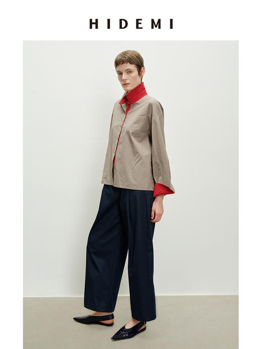 HIDEMI 趣味撞色色织格纹自然棉小翻领廓形衬衫 商品图5