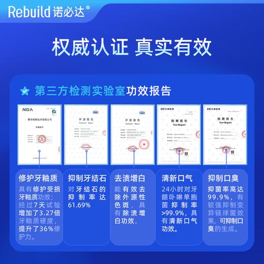 【购5支送总价值119元50g1支免费试用+万毛牙刷2支】诺必达Rebuild护龈固齿牙膏 牙齿松动、敏感疼痛、牙龈出血肿痛、牙龈炎、口腔溃疡、牙黄牙黑及种植牙、假牙者推荐使用 商品图10