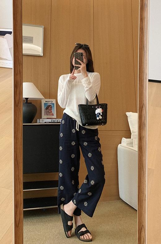 小众特定织天丝棉麻绣花九分裤夏季直筒休闲裤 商品图11