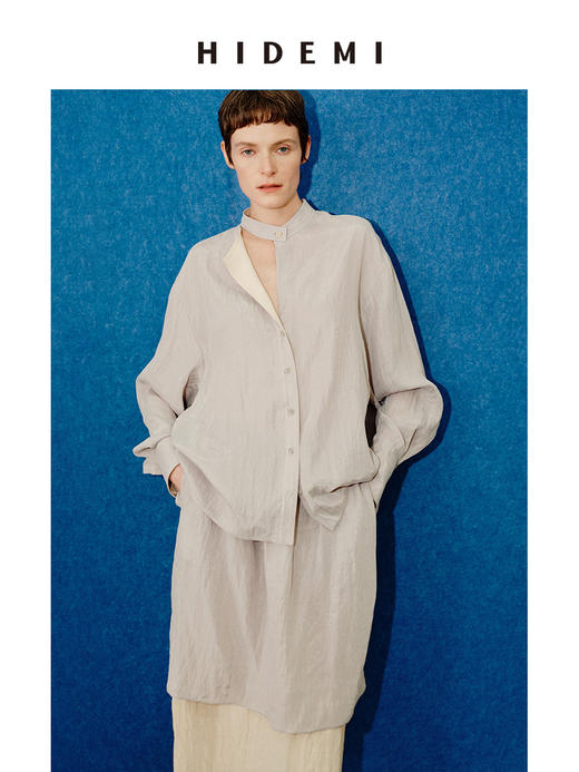 HIDEMI 进口天丝极简镂空翻折领设计感chocker纽扣温柔撞色雾粉紫套装 商品图8