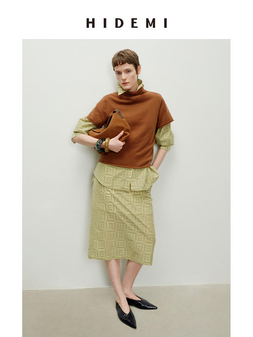 HIDEMI经典几何印花植绒复古剪刀领宽松衬衫半裙套装 牛油果绿/奶咖棕 商品图10