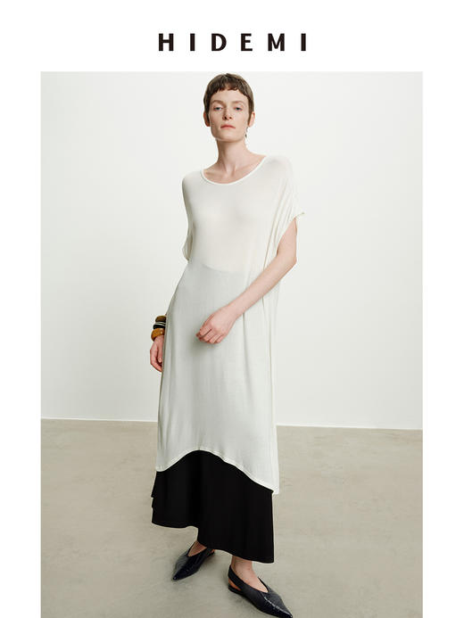 HIDEMI 度假系列极简圆领廓形云朵薄针织T恤连衣裙 黑色/白色/豆乳色 商品图3