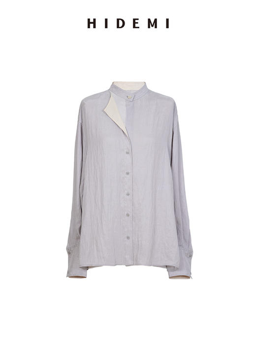 HIDEMI 进口天丝极简镂空翻折领设计感chocker纽扣温柔撞色雾粉紫套装 商品图10