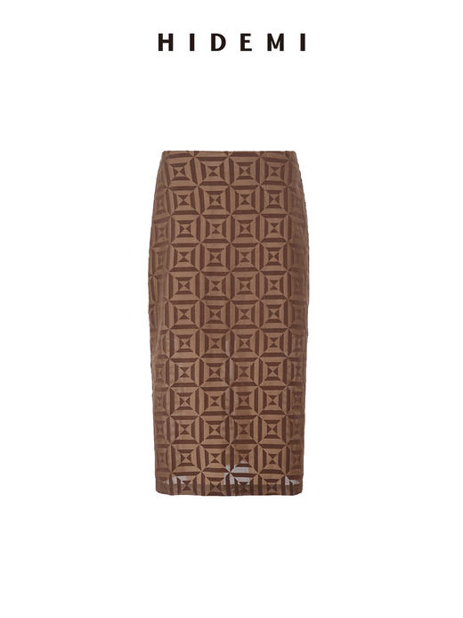 HIDEMI经典几何印花植绒复古剪刀领宽松衬衫半裙套装 牛油果绿/奶咖棕 商品图13