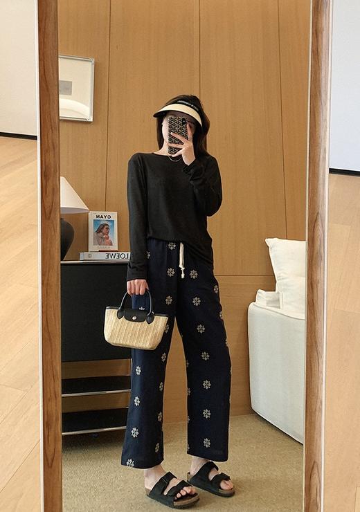 小众特定织天丝棉麻绣花九分裤夏季直筒休闲裤 商品图12