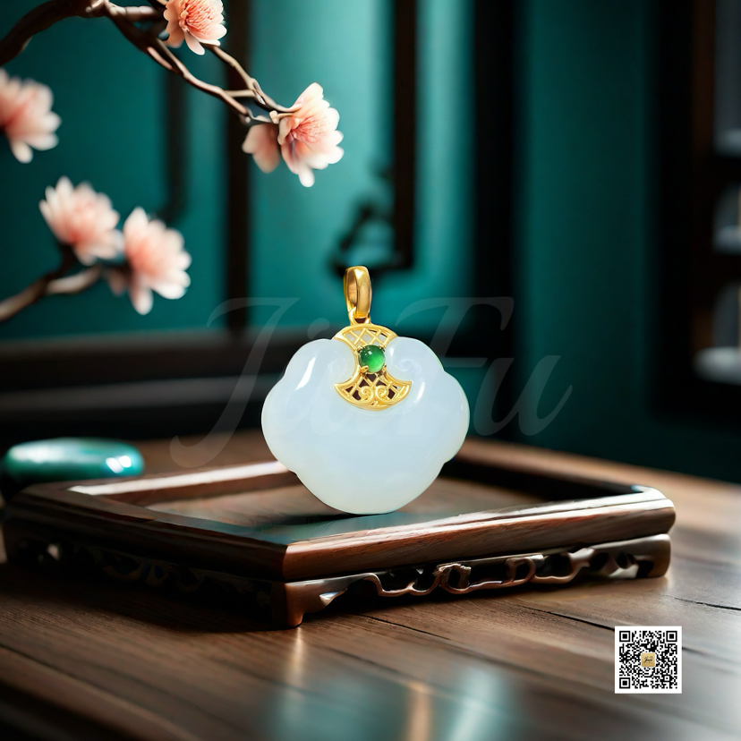 18K古法黄金和田玉（白玉）吊坠--如意/异形17*20.5mm