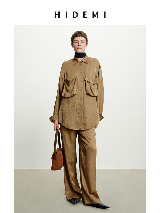HIDEMI 进口满分醋酸艺术褶皱感立体口袋廓形衬衫阔腿裤橄榄绿套装 商品图0