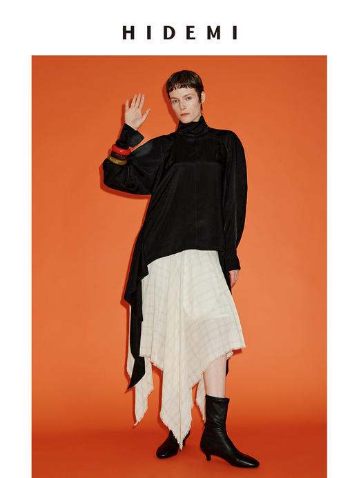 HIDEMI 进口百分醋酸黑色极简廓形袖可立领飘带下摆设计感前后两穿衬衫 商品图3