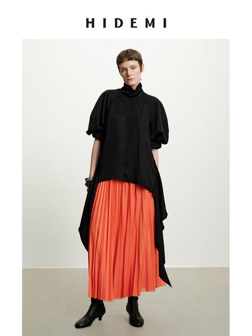 HIDEMI 进口百分醋酸黑色极简廓形袖可立领飘带下摆设计感前后两穿衬衫 商品图7