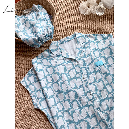 可人儿小众设计师新款泡泡绵女士睡衣夏季短袖可外出家居服三件套 商品图2