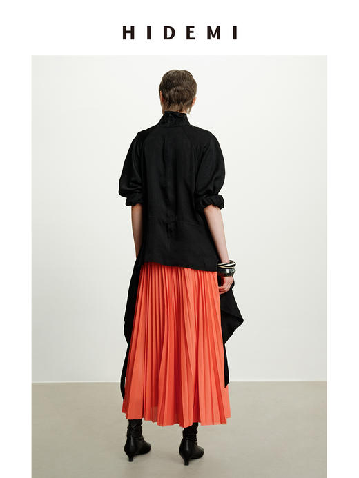 HIDEMI 进口百分醋酸黑色极简廓形袖可立领飘带下摆设计感前后两穿衬衫 商品图8