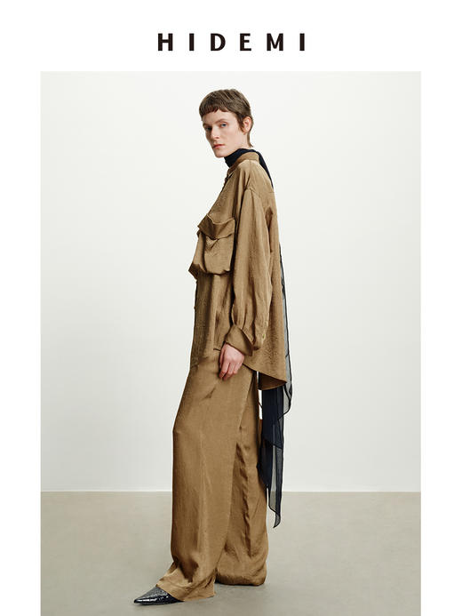 HIDEMI 进口满分醋酸艺术褶皱感立体口袋廓形衬衫阔腿裤橄榄绿套装 商品图7