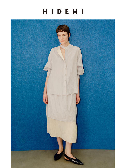 HIDEMI 进口天丝极简镂空翻折领设计感chocker纽扣温柔撞色雾粉紫套装 商品图5