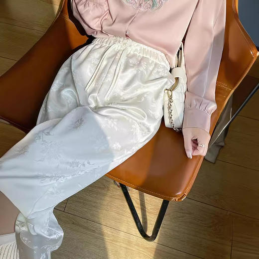 新中式醋酸缎面提花国风阔腿裤，窄版西装裤高级垂感休闲直筒裤子JRGD698 商品图2