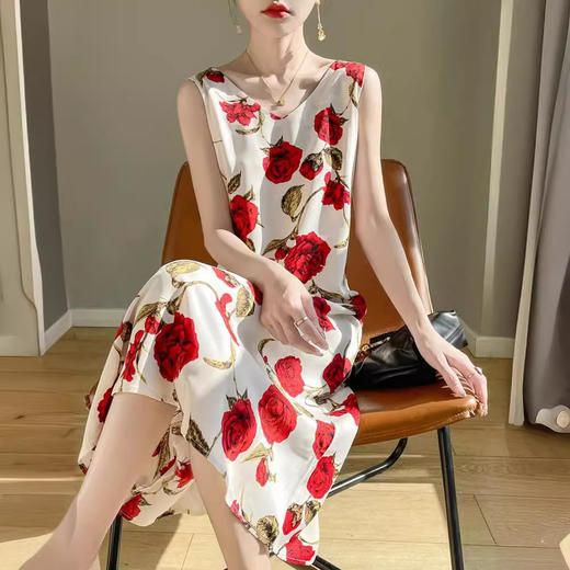 夏季印花缎面真丝吊带连衣裙，宽松V领西装内搭长裙打底裙RWL34-39 商品图3