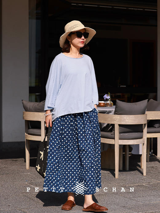 PETIT SCHAN小闪 CLO#833 Blues Polka 蓝调波尔卡 印度棉手工拓染波点A字半裙 商品图4