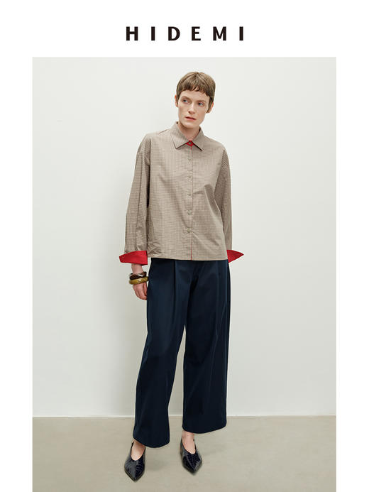 HIDEMI 趣味撞色色织格纹自然棉小翻领廓形衬衫 商品图3