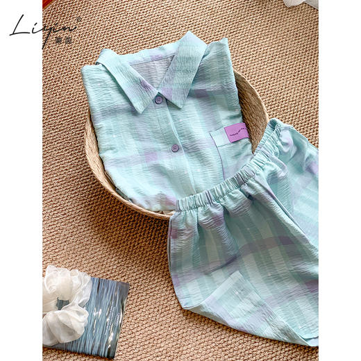 可人儿小众设计师新款泡泡绵女士睡衣夏季短袖可外出家居服三件套 商品图3