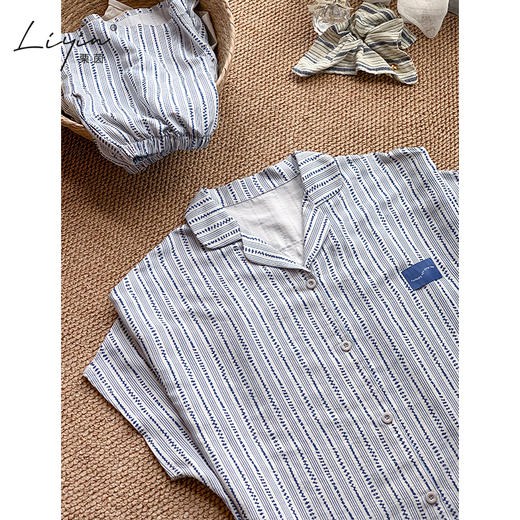 可人儿小众设计师新款泡泡绵女士睡衣夏季短袖可外出家居服三件套 商品图3