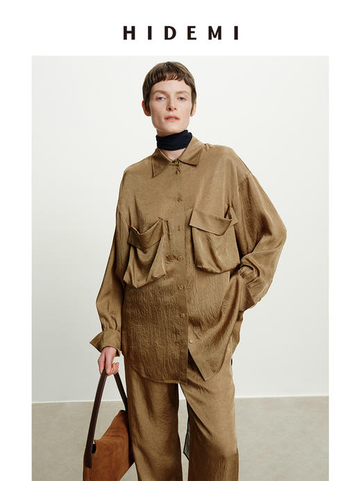 HIDEMI 进口满分醋酸艺术褶皱感立体口袋廓形衬衫阔腿裤橄榄绿套装 商品图5